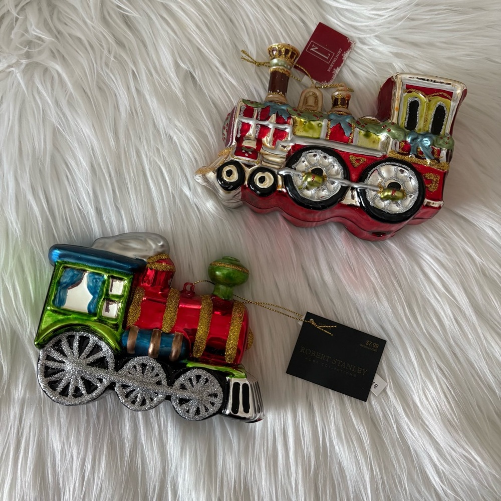 Set of 2 Northlight and Robert Stanley Blown Glass Train Engine Ornaments